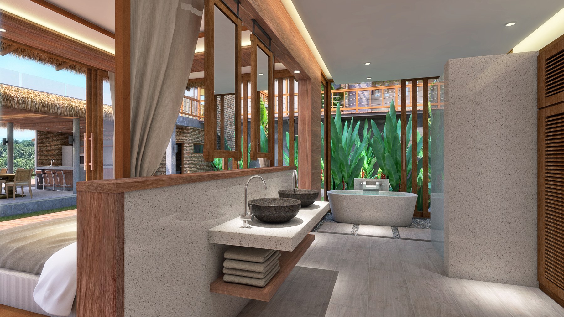 Design render of a bedroom opening onto its bathroom