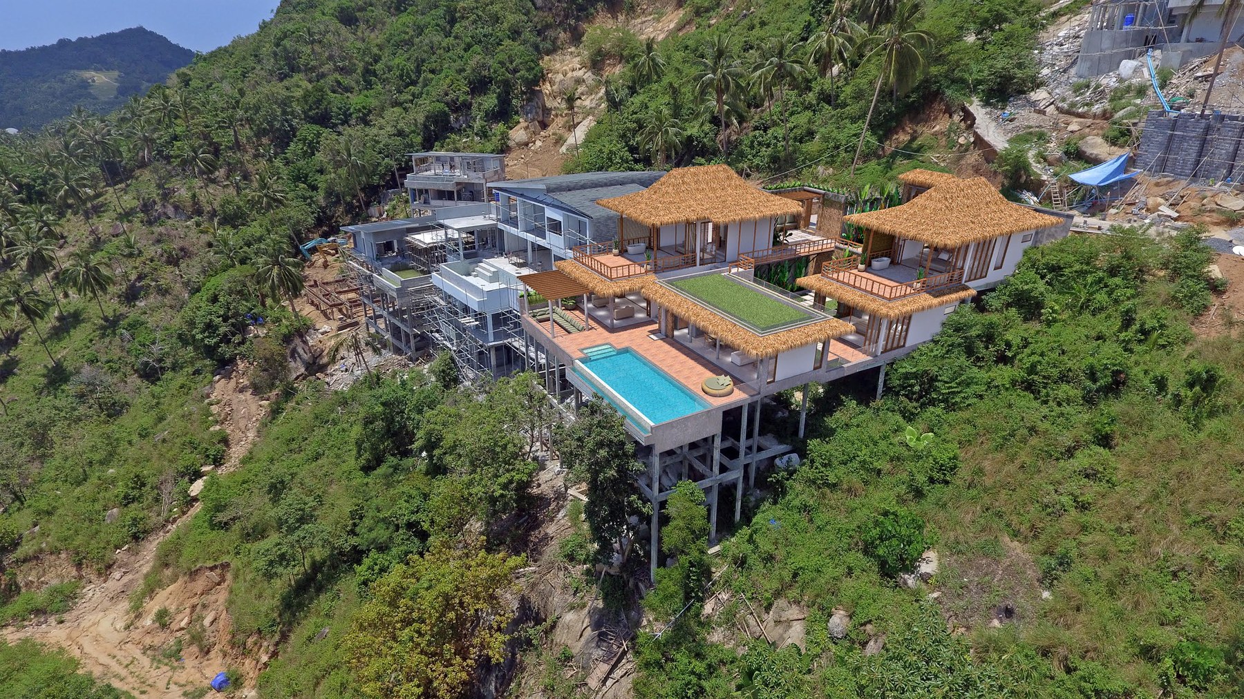 The design set on the actual hillside, showing how the villa sits on the slope