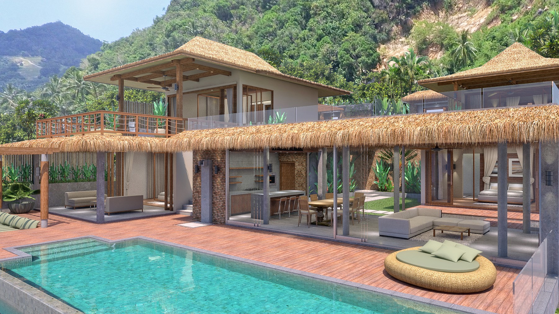 Design section through the villa, the levels stepping down to the pool