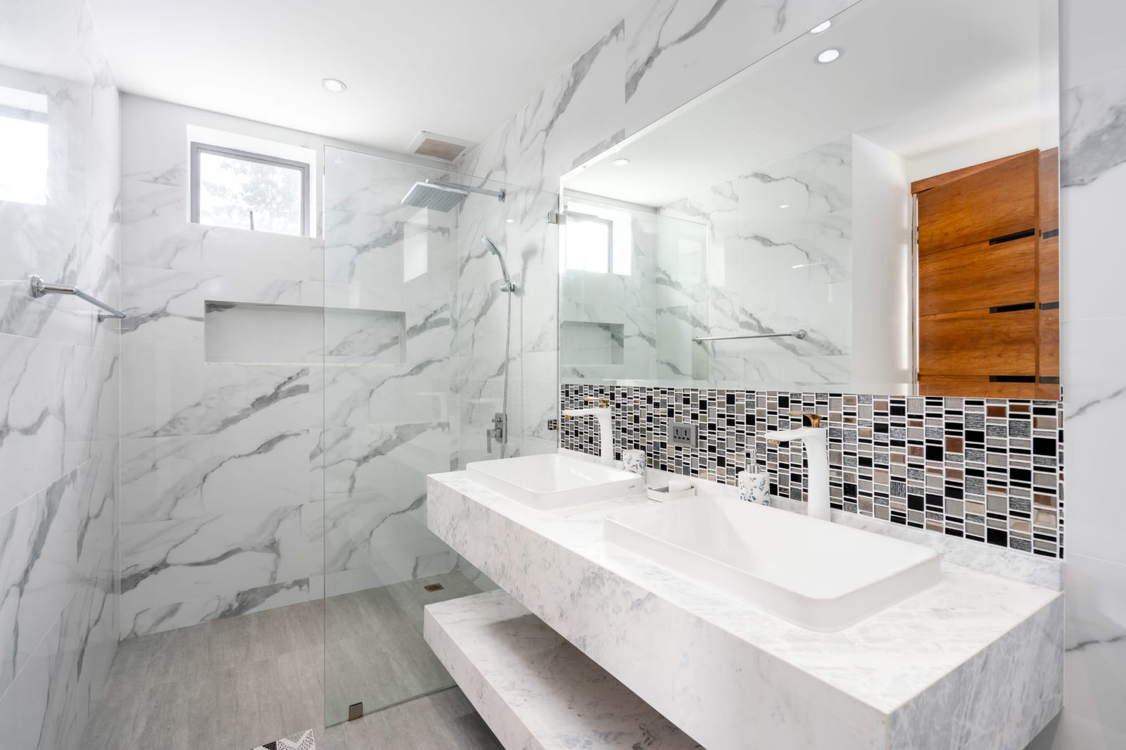 Marble bathroom with a double vanity