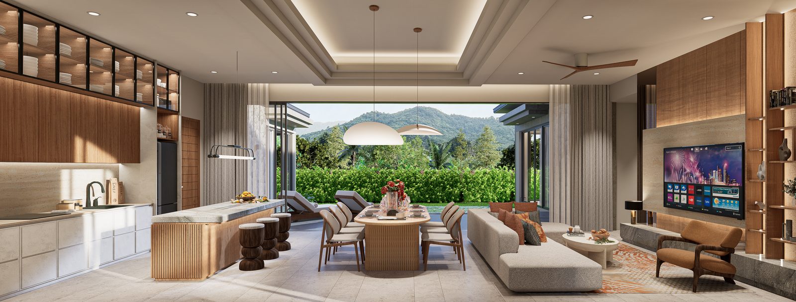 Open living space with pool view