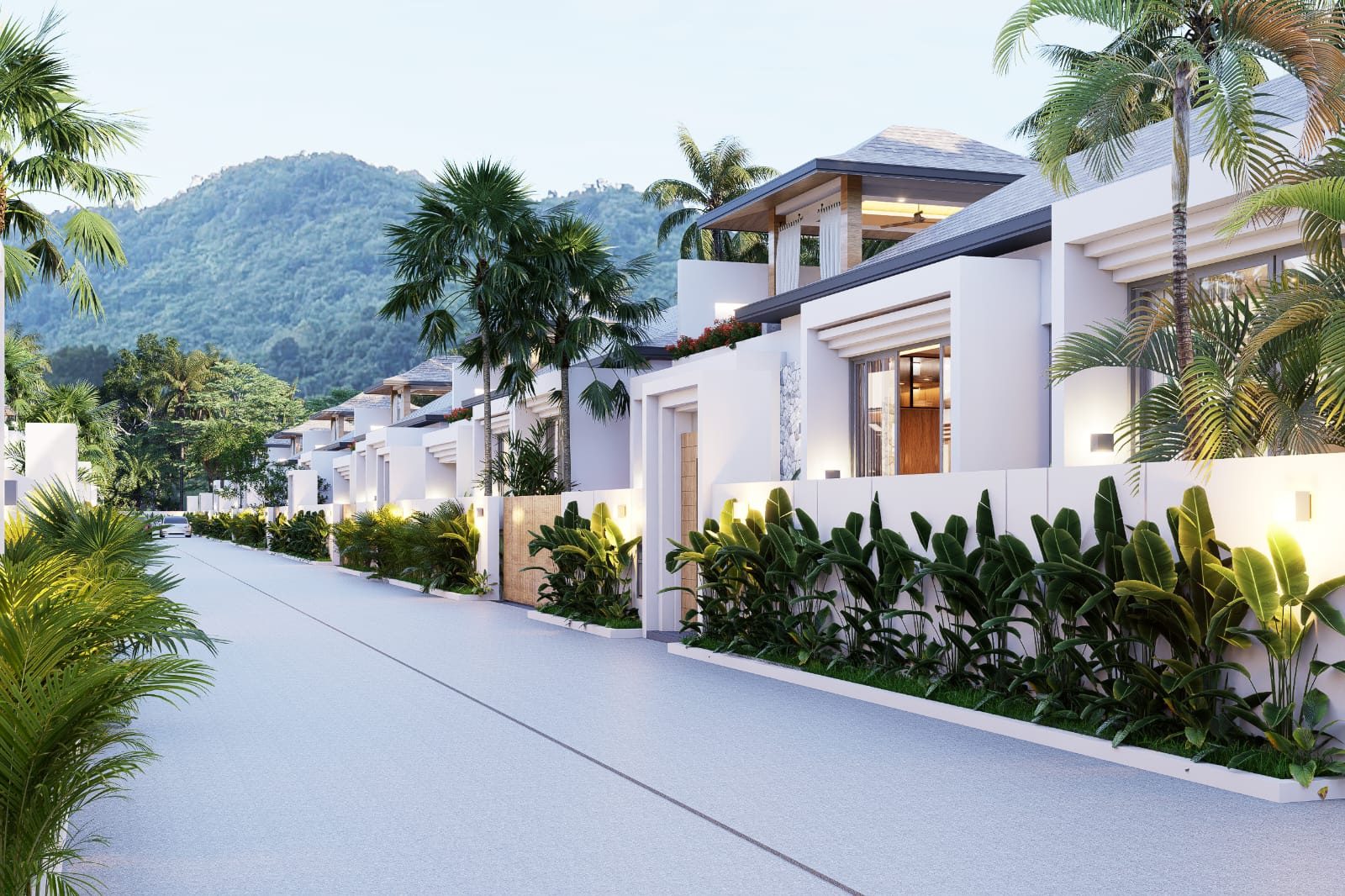 Villa exterior at dusk