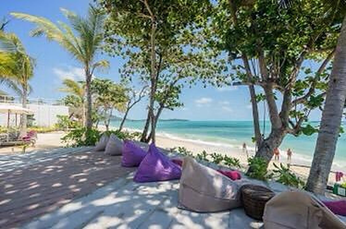 Beanbags on the sand terrace at the edge of the beach