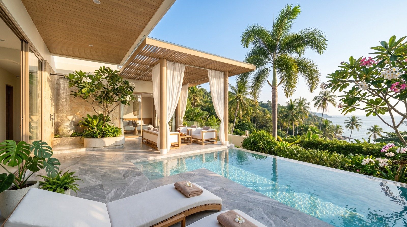 Pool terrace with sun loungers and the sea beyond the palms