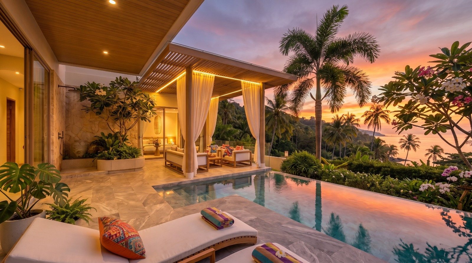 Pool and covered terrace at sunset over the hills