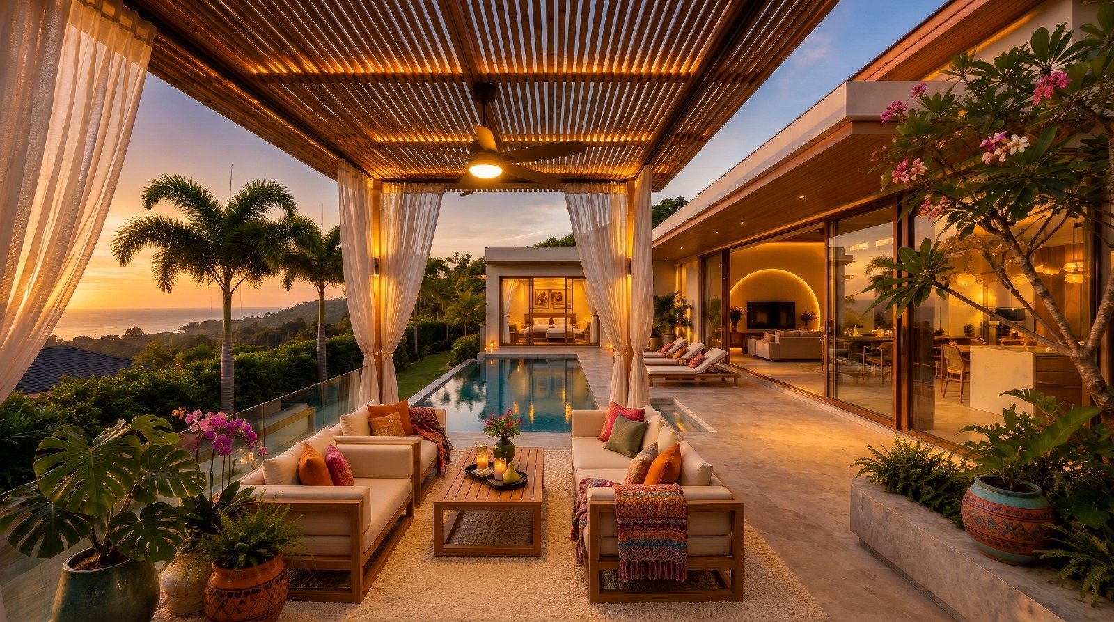 Outdoor lounge under the timber ceiling, open to the view