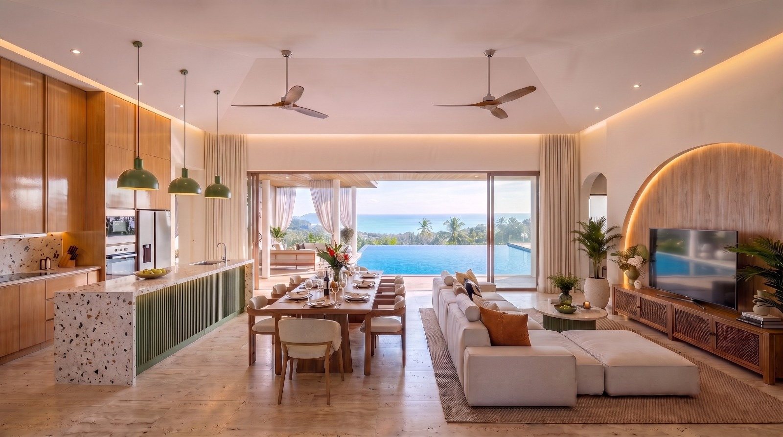 Open-plan kitchen, dining and living space facing the pool