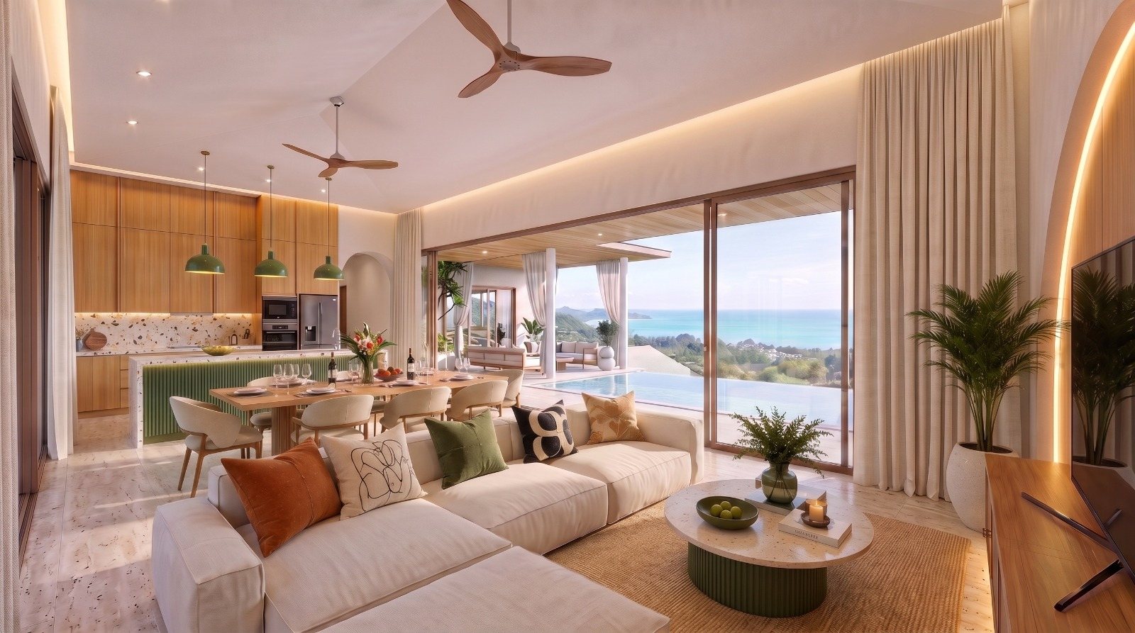 Living room with sofas turned towards the sea view
