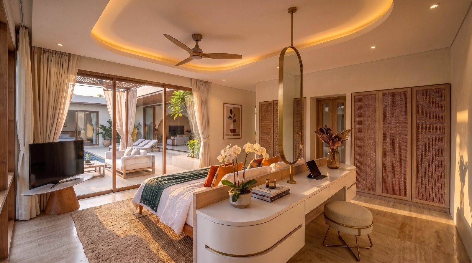 Bedroom with a dressing table and doors onto the terrace