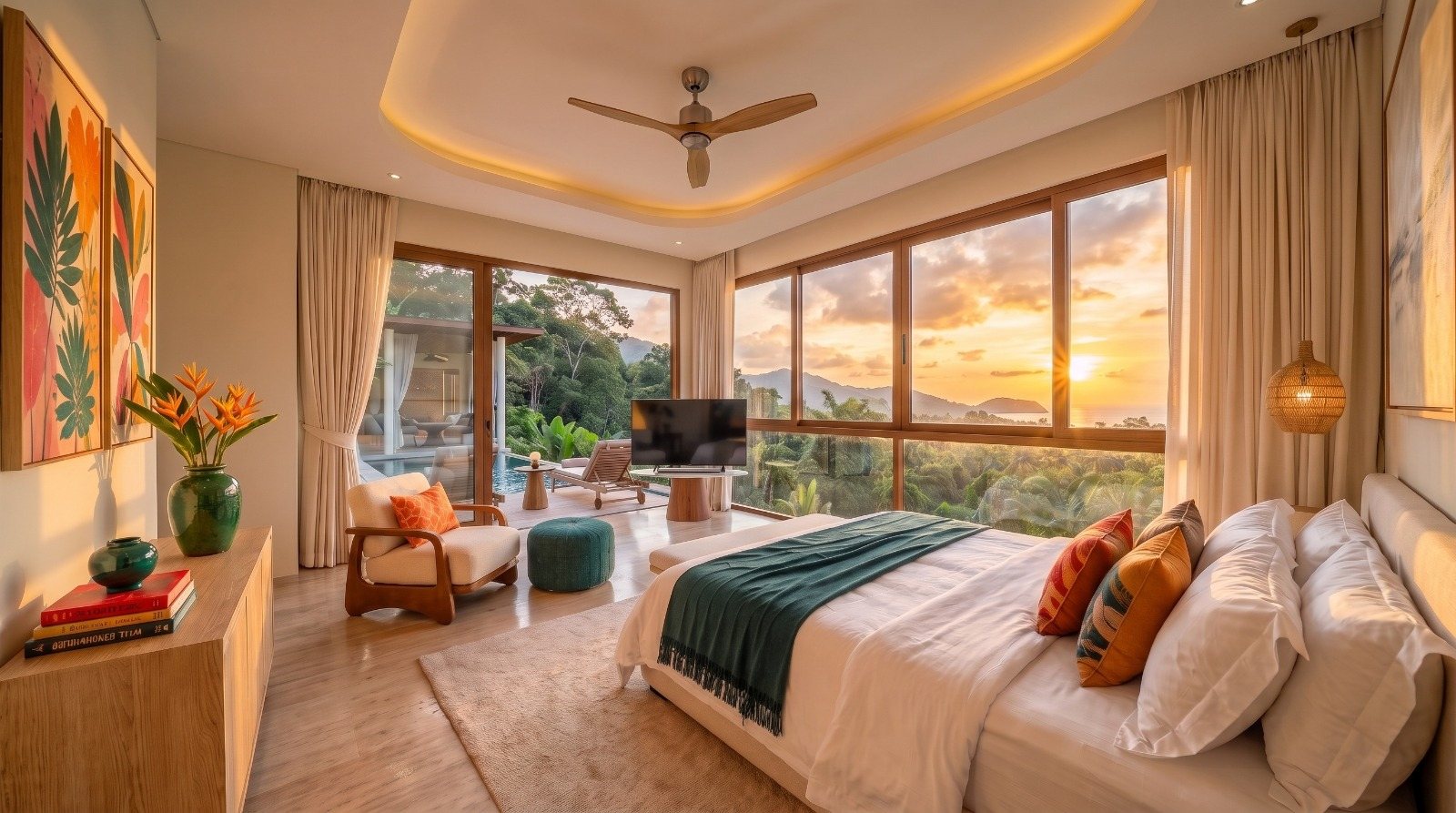 Bedroom with corner windows over the bay at sunset