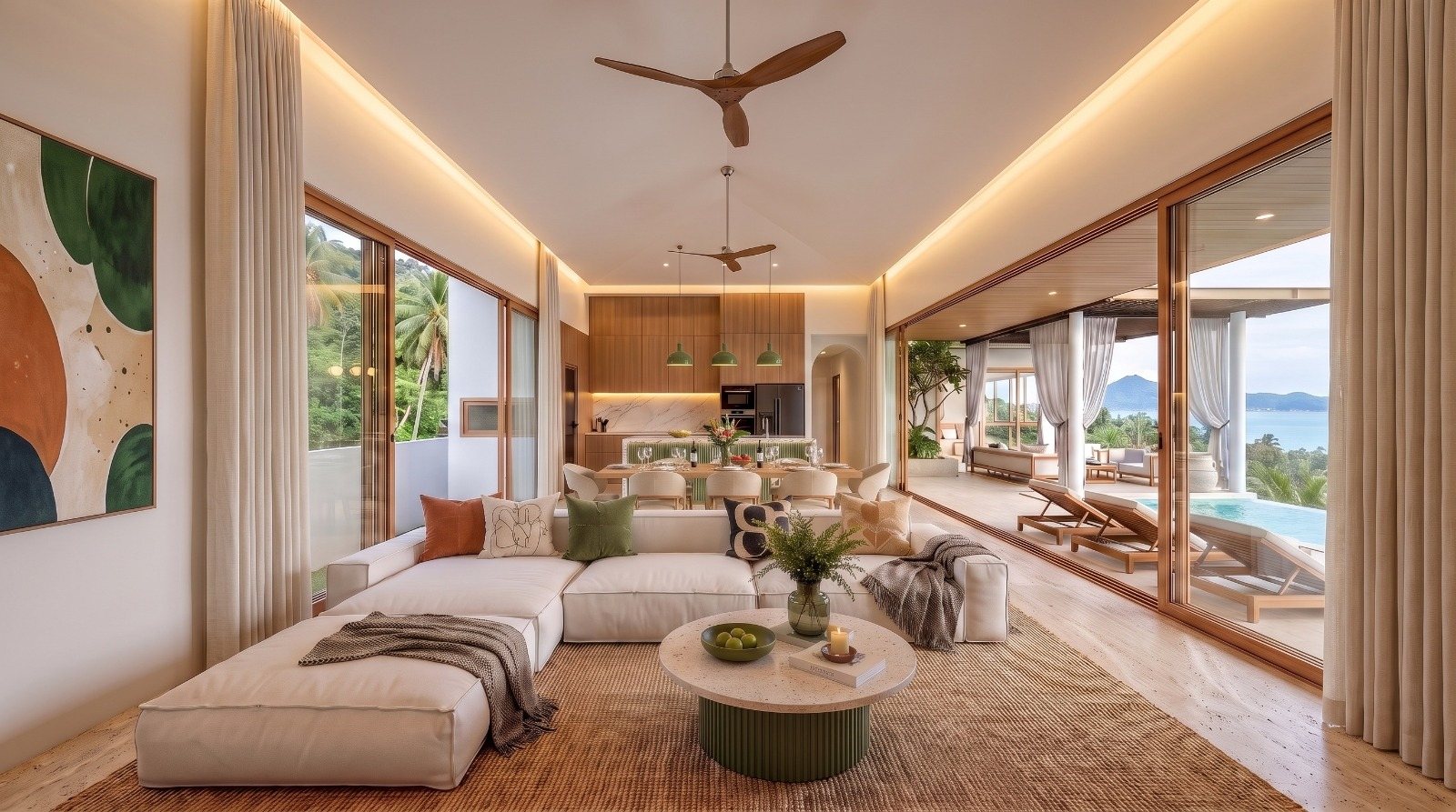Living space looking through to the pool and the coastline