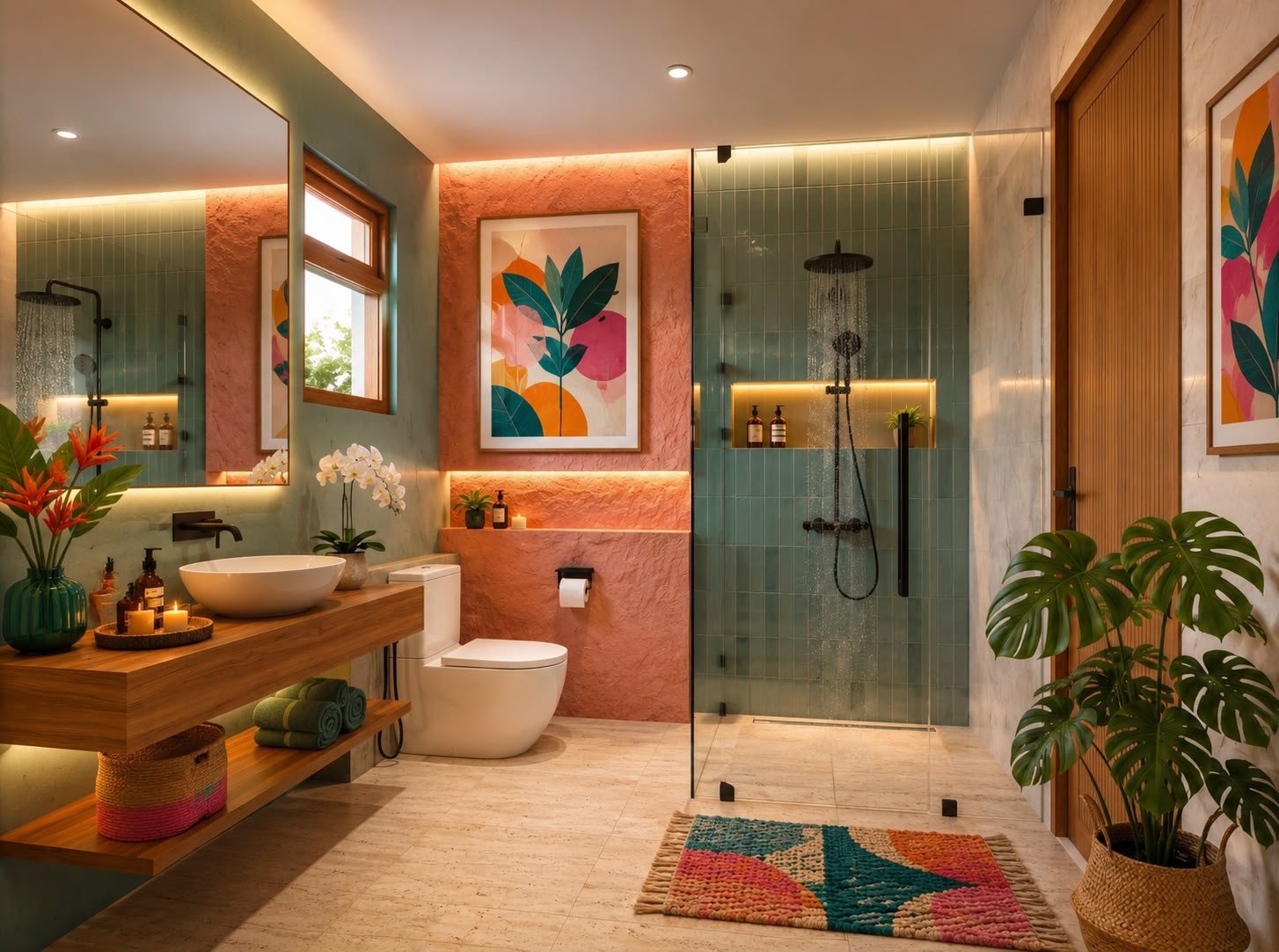 Second bathroom with twin basins and a garden window