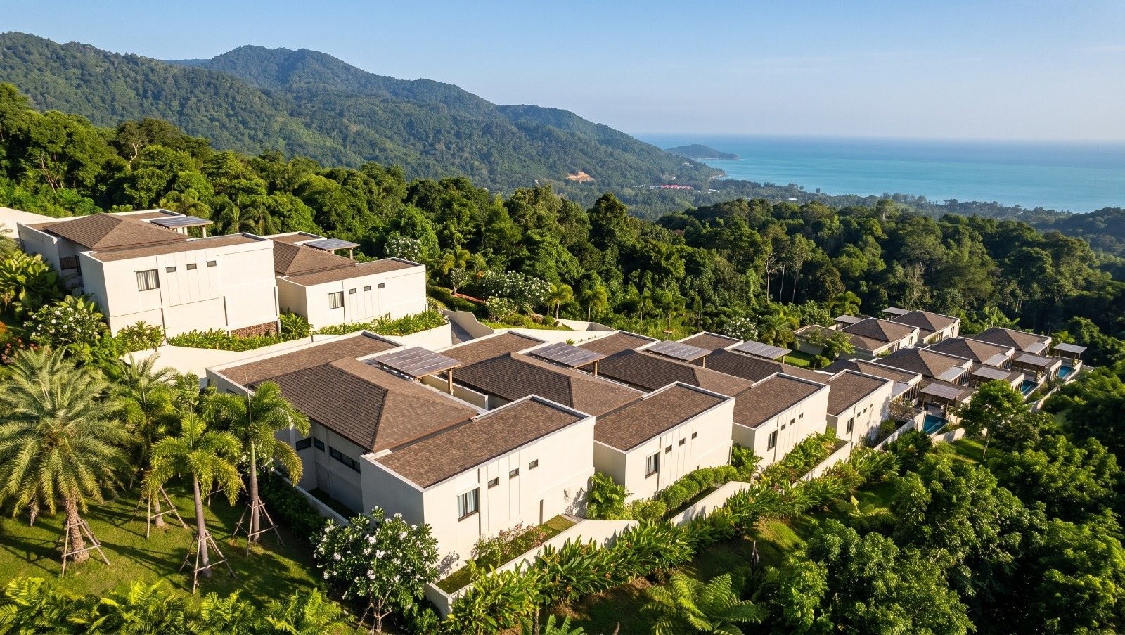 The villas on their terraces with the coastline behind
