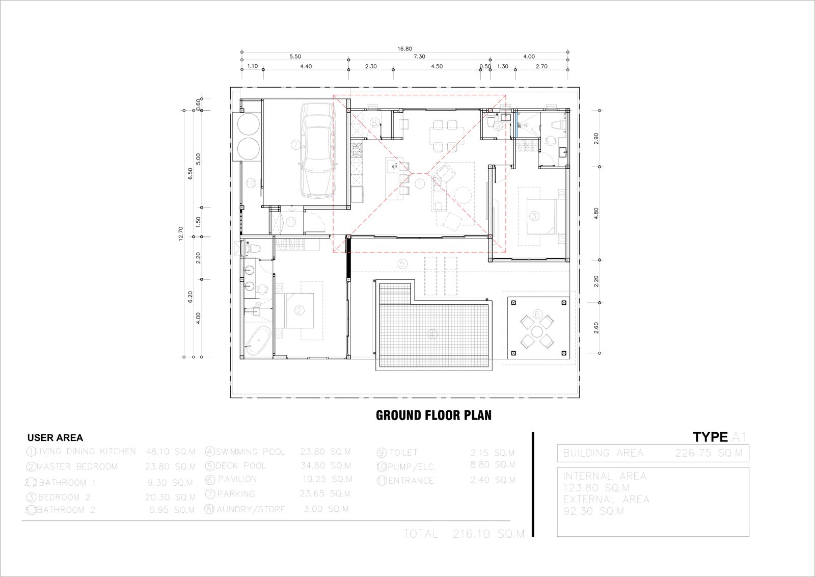 Type A1 ground floor plan with room areas