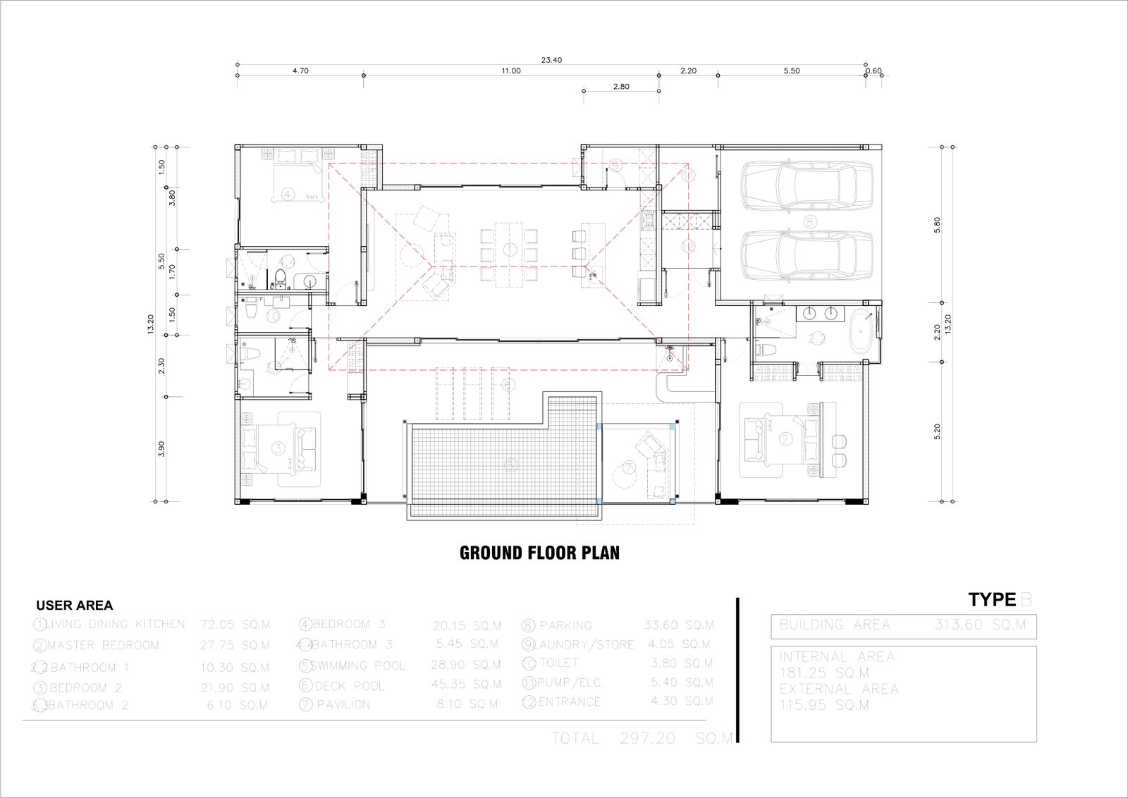 Type B ground floor plan with room areas