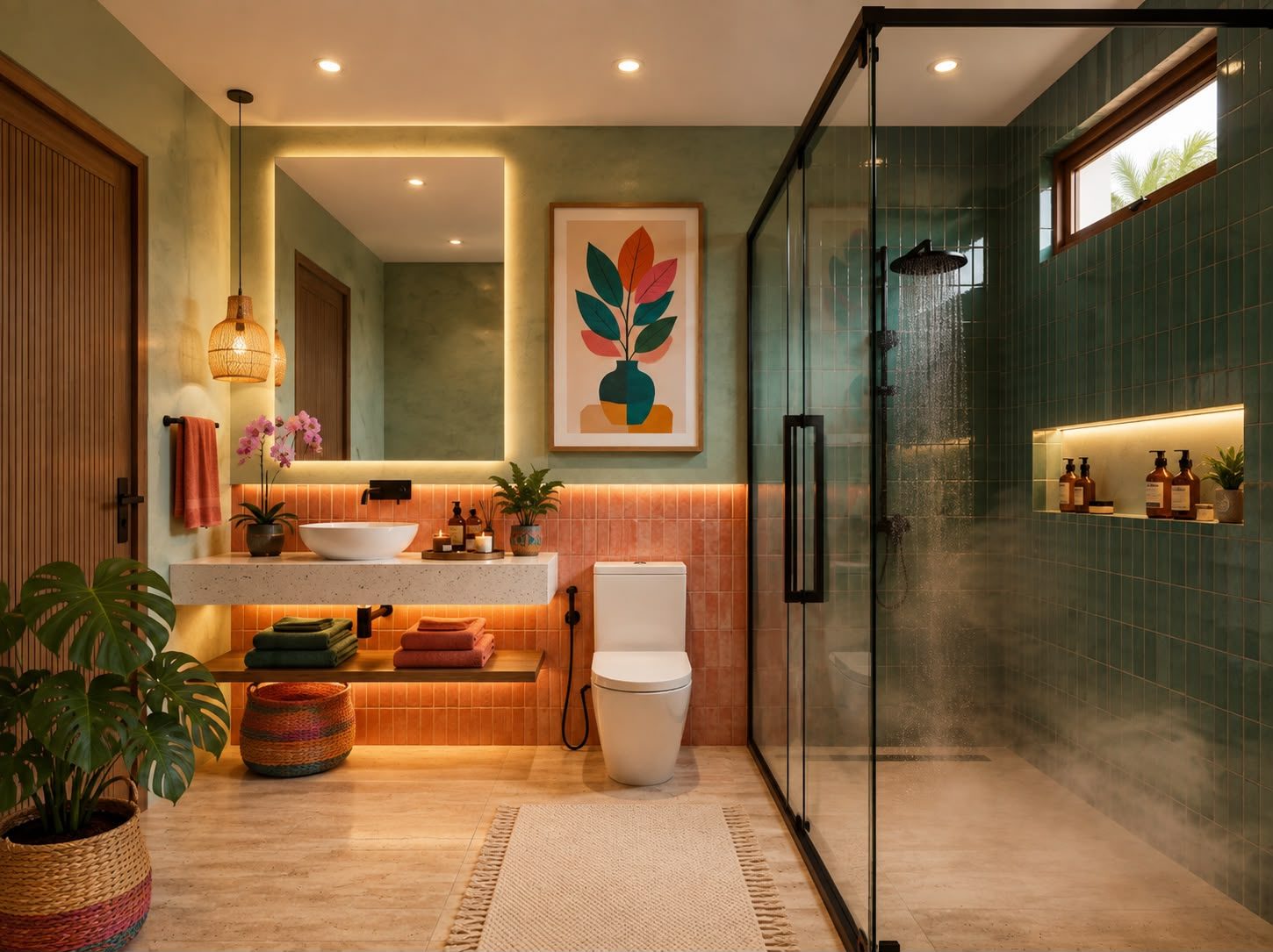 Guest bathroom with a walk-in shower and green tiles