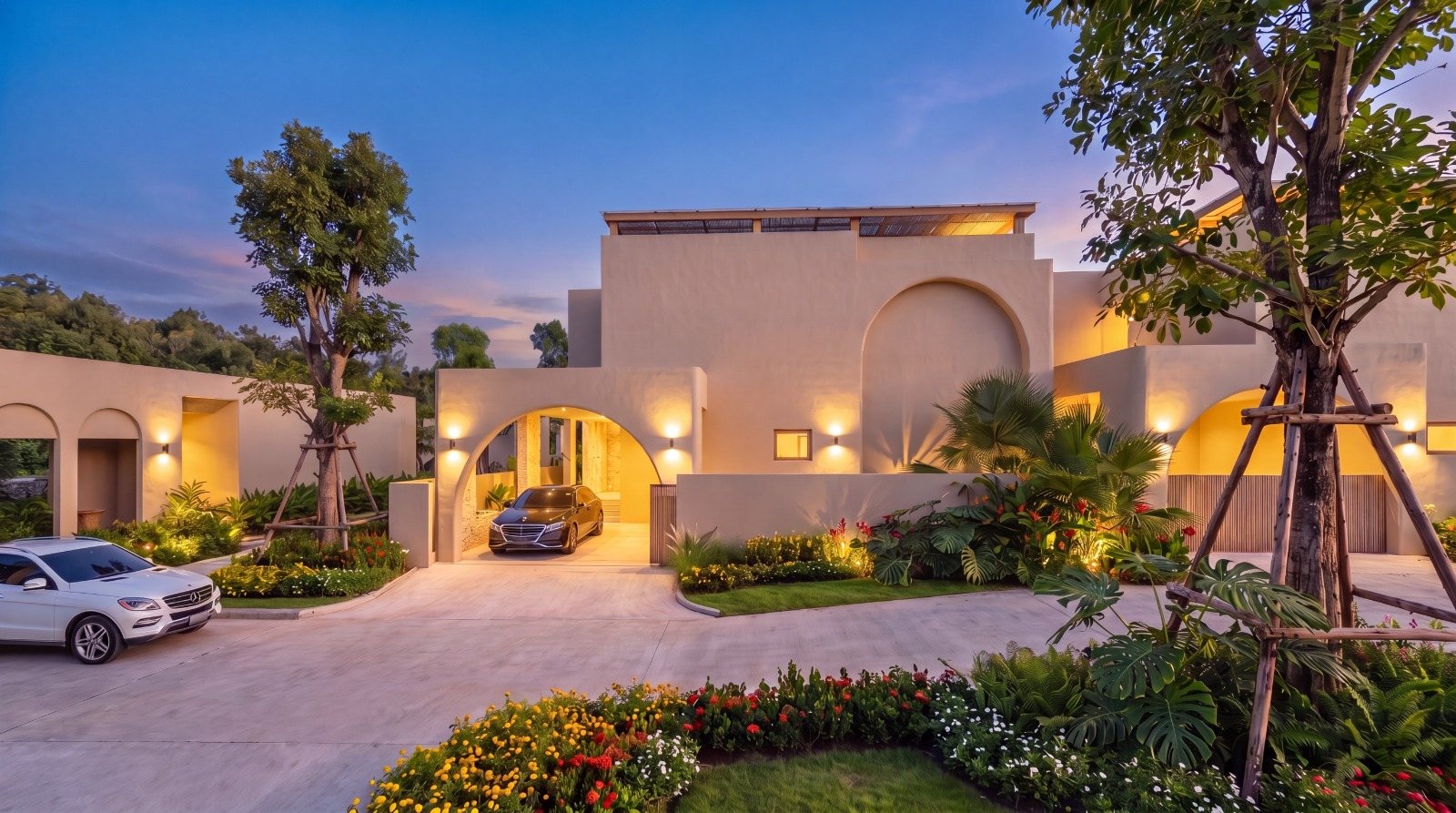 The street of villas at dusk, arched entrances lit
