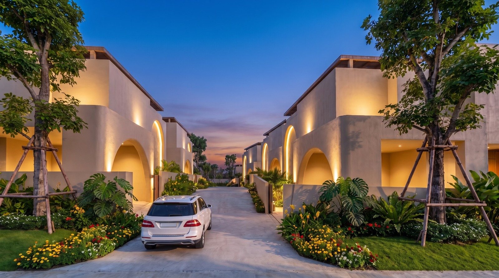 Driveway between two rows of villas at sunset