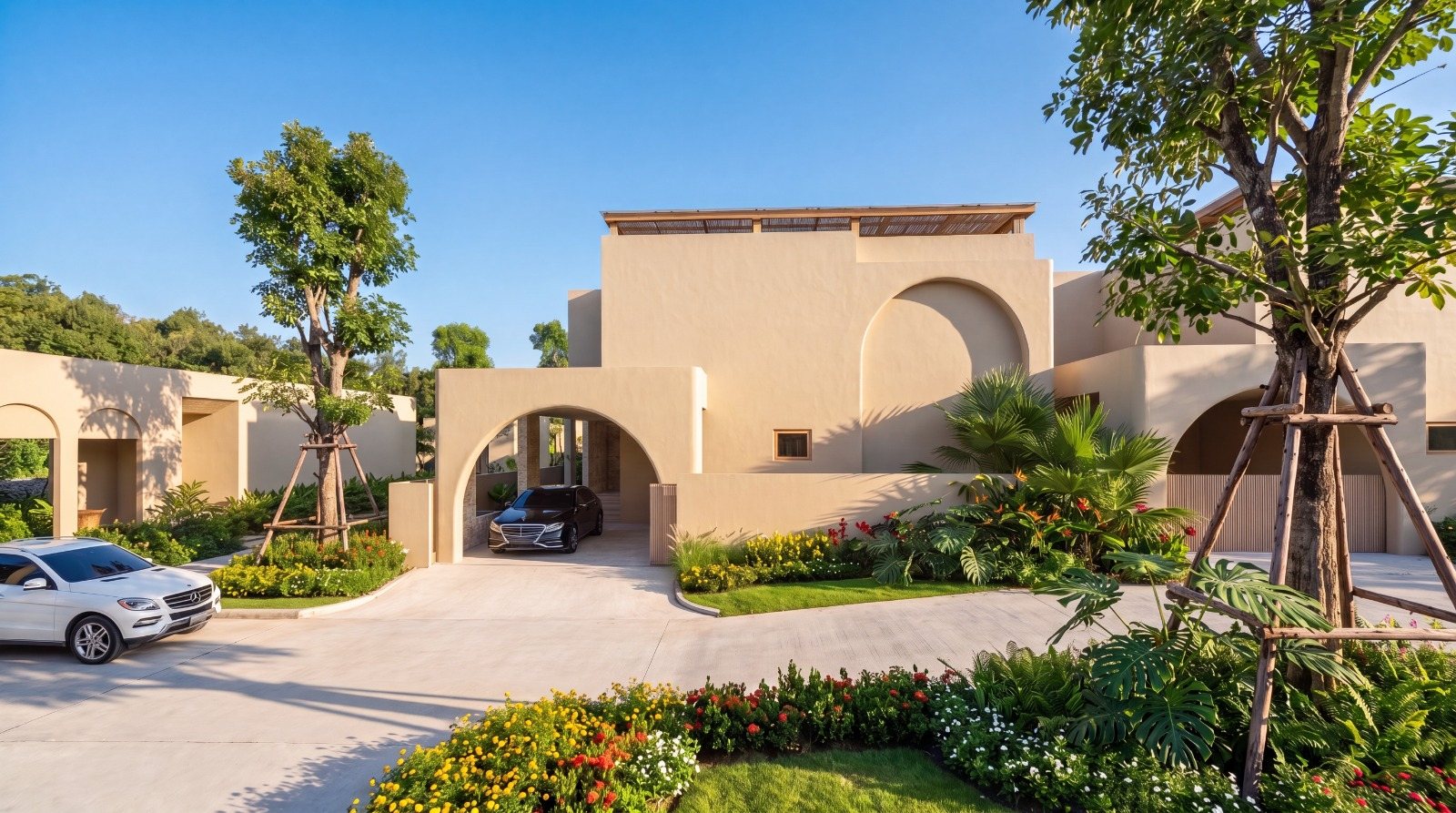 Villa entrance and covered parking in daylight