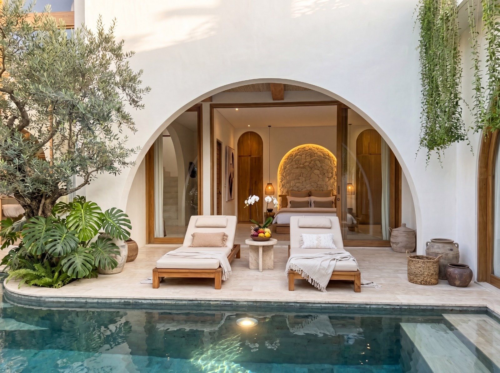 Arched terrace with sun loungers beside the pool