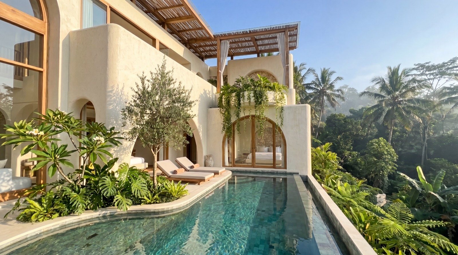 The pool running the length of the house, jungle beyond