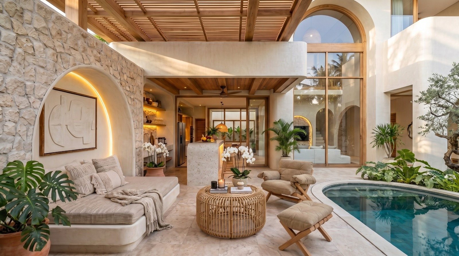 Living room opening through an arch onto the pool deck