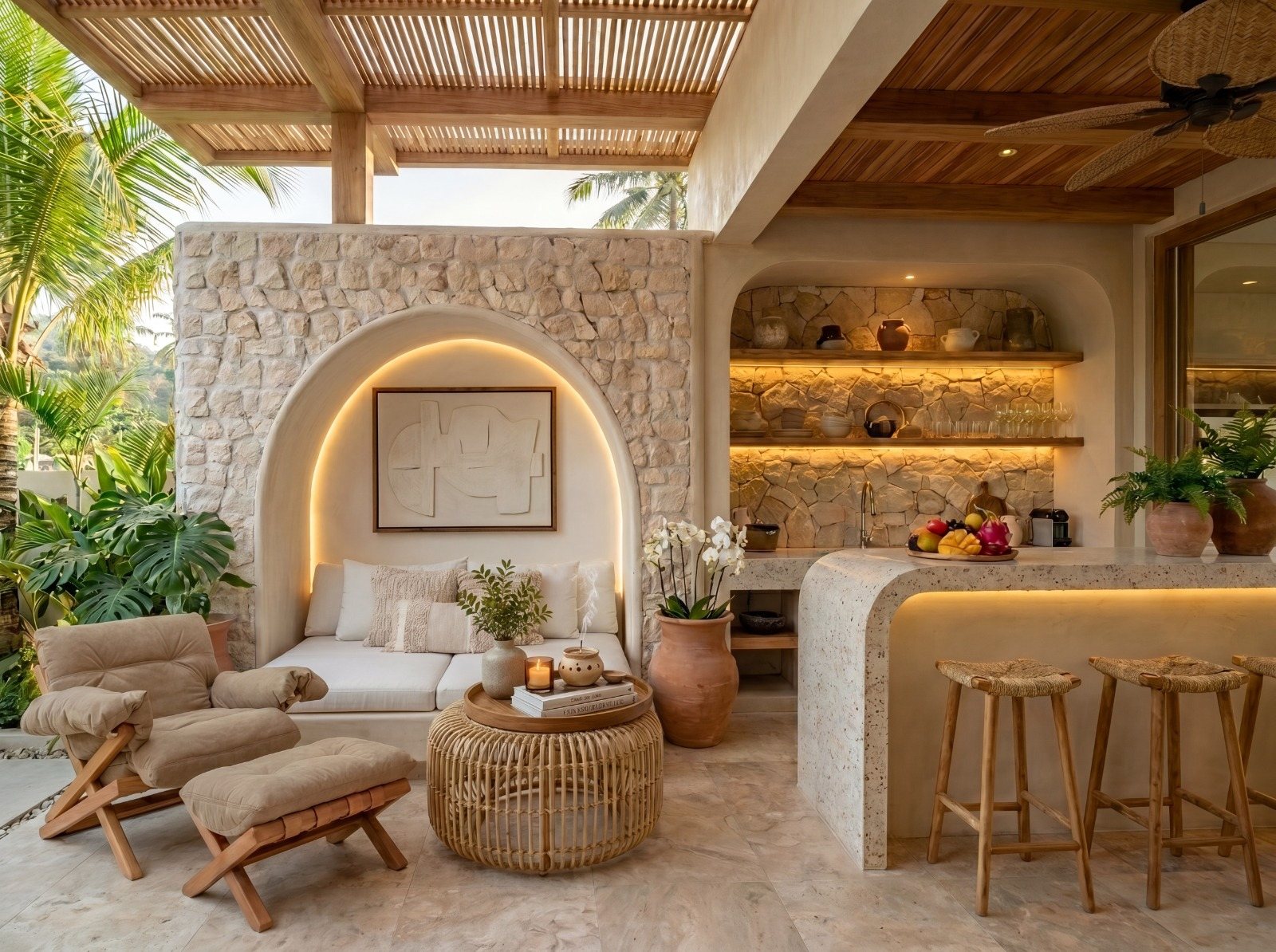 Living room and kitchen bar under the timber ceiling