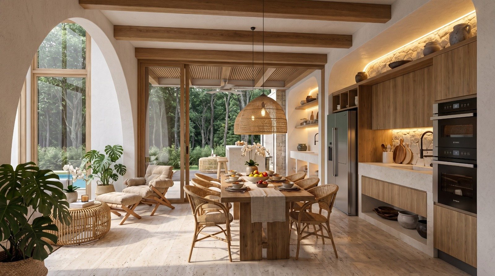 Dining table beside the arched opening to the garden