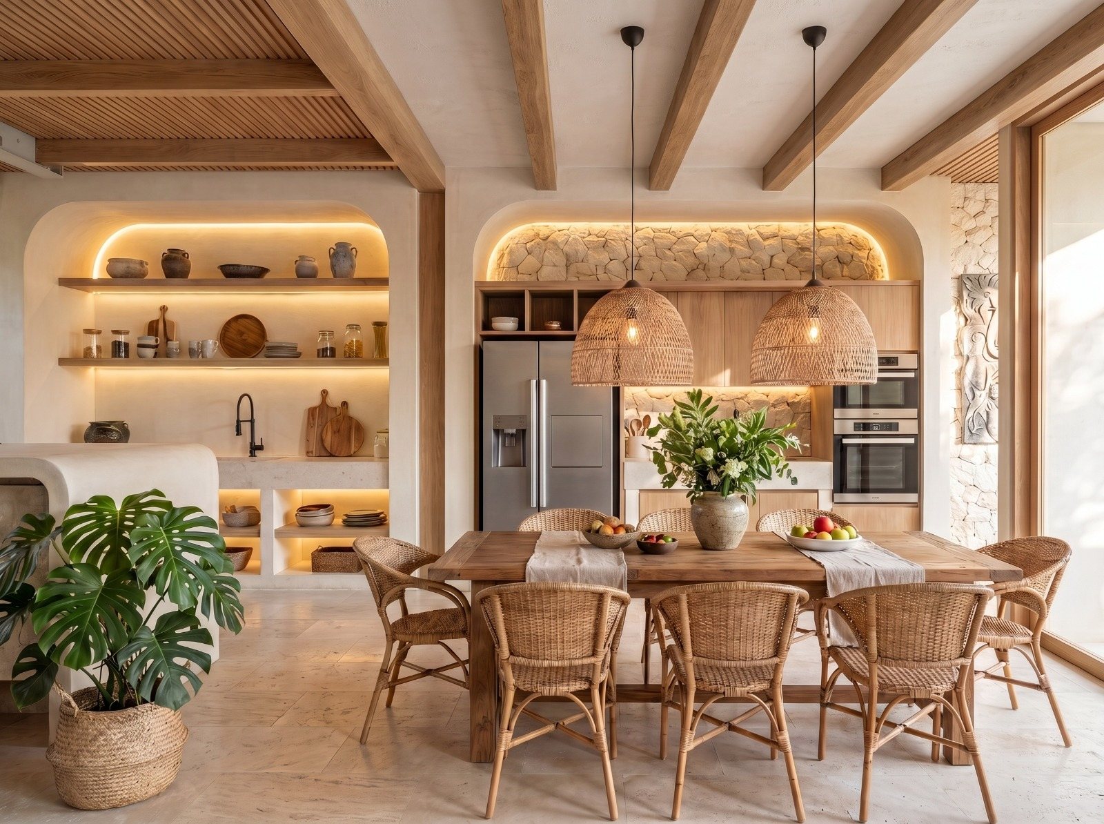 Kitchen with island, ovens and rattan dining chairs