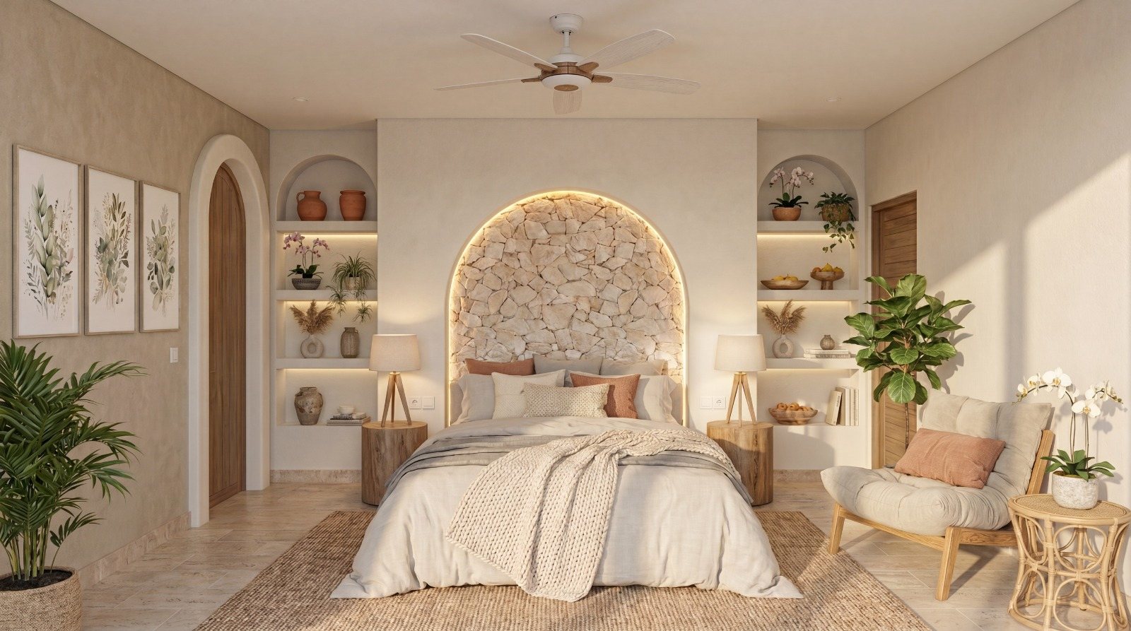 Ground-floor bedroom with a stone-clad arched alcove