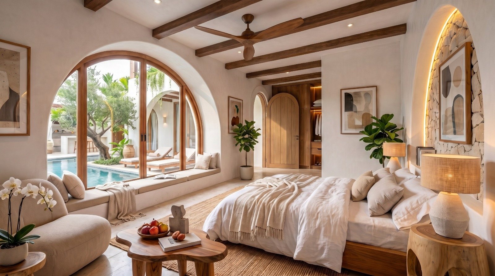 Bedroom looking through arched windows to the pool