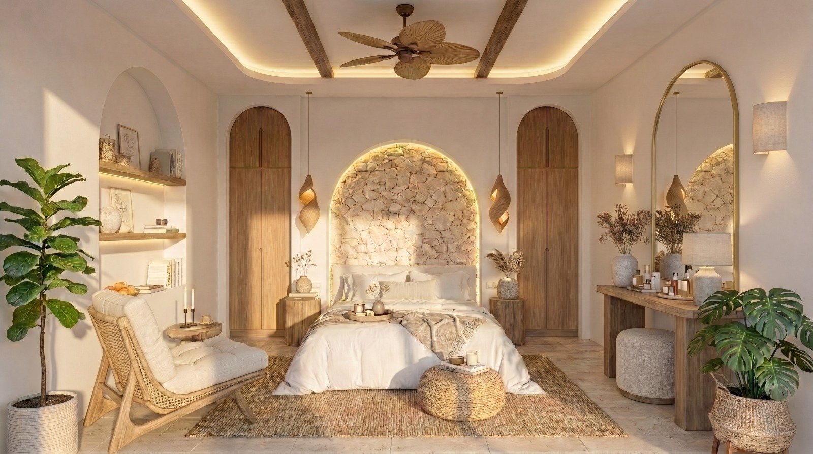 Master bedroom with dressing table and arched mirror