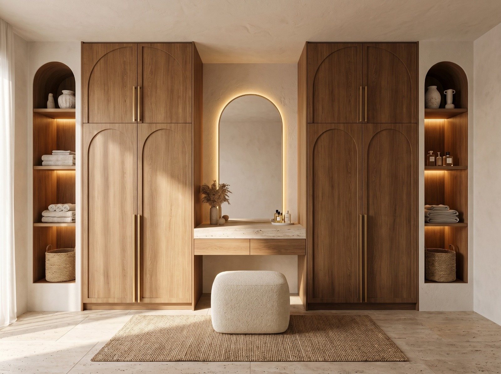 Walk-in wardrobe in oak with a dressing seat