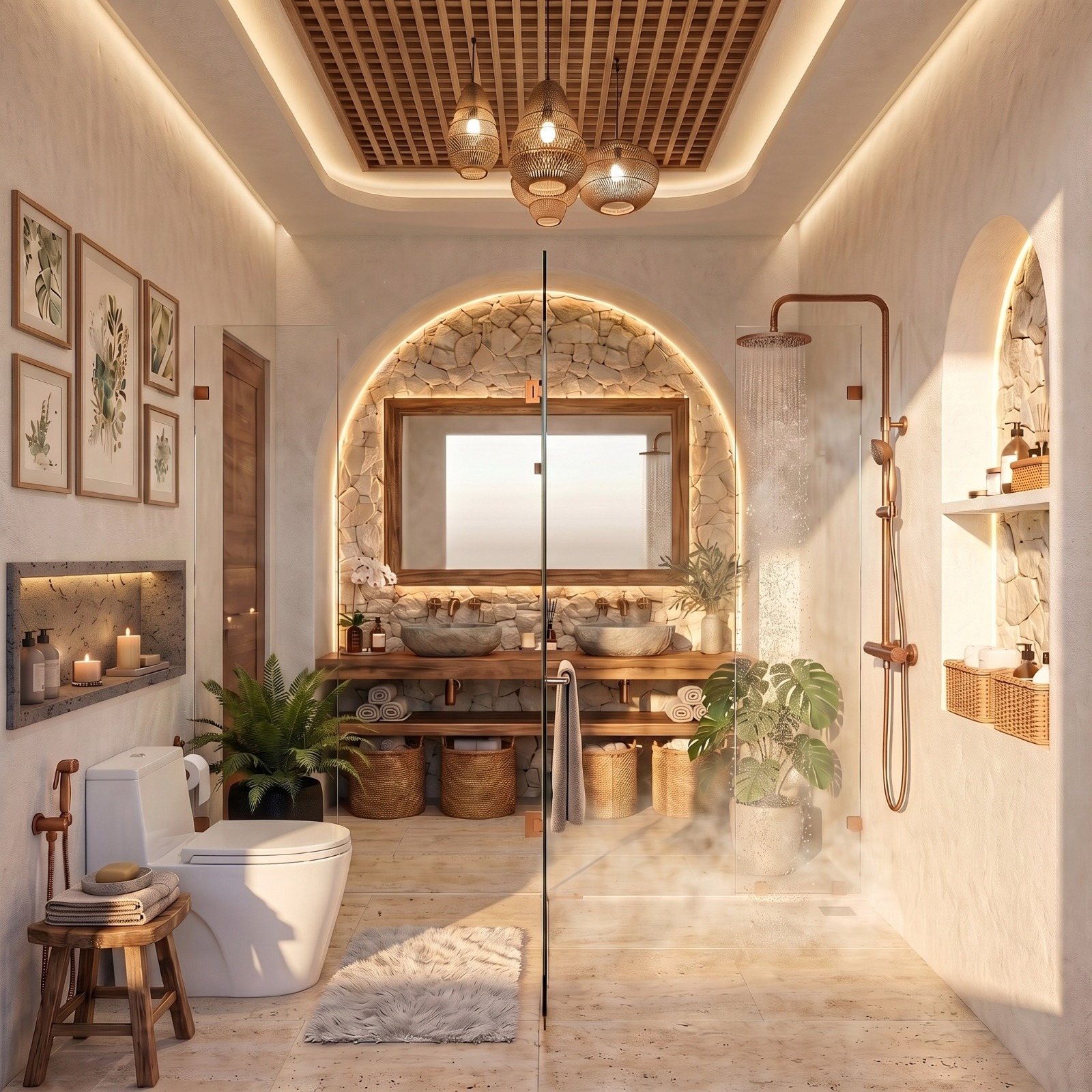 Bathroom with twin basins, walk-in shower and arched mirror
