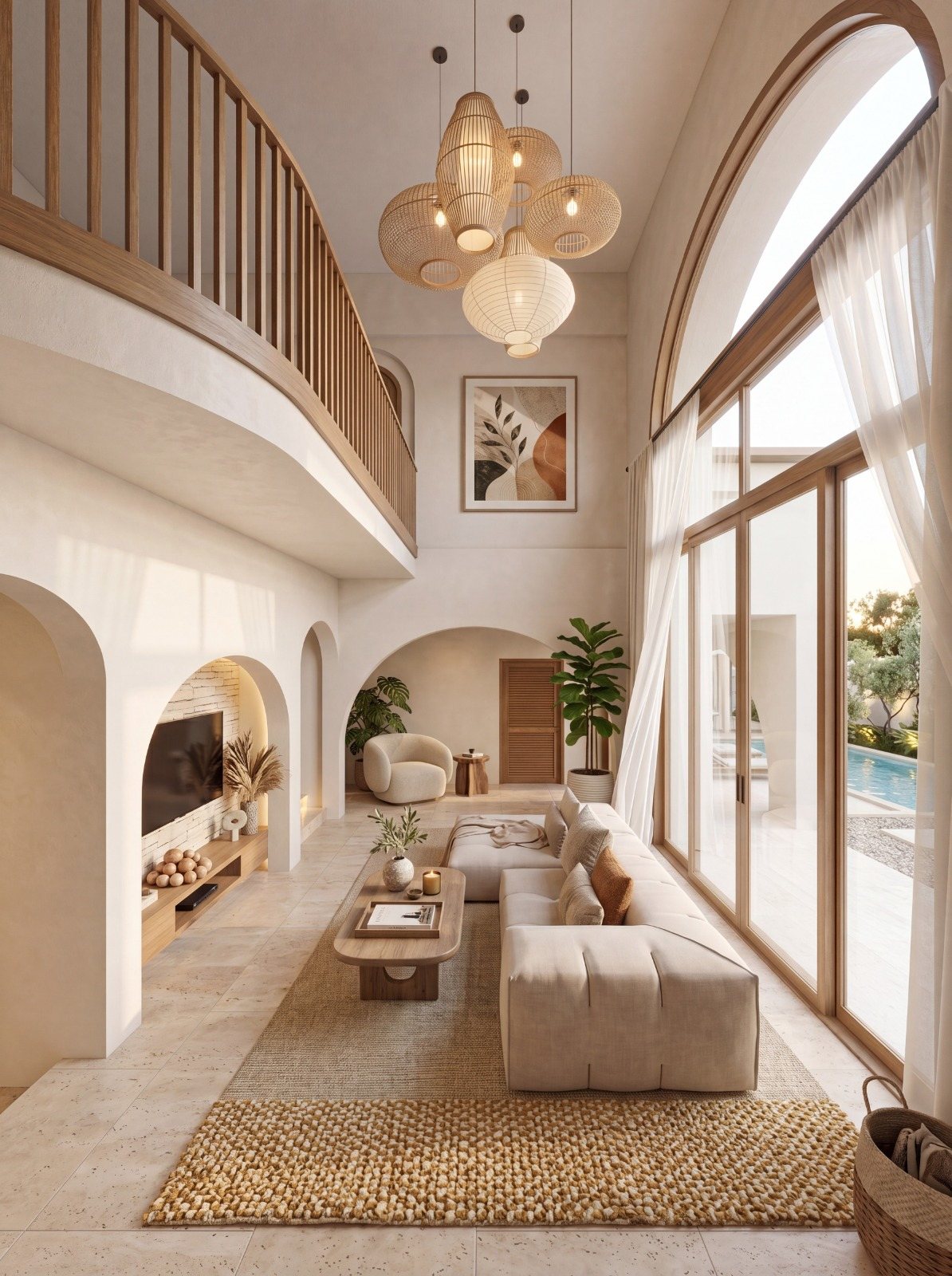 Double-height stair hall with a sculptural chandelier