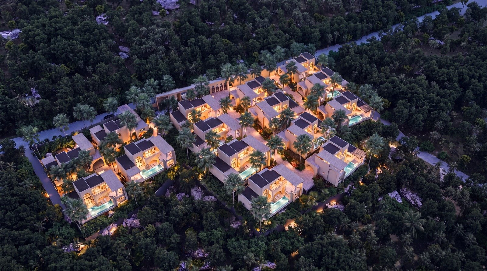 The development seen from the air at night