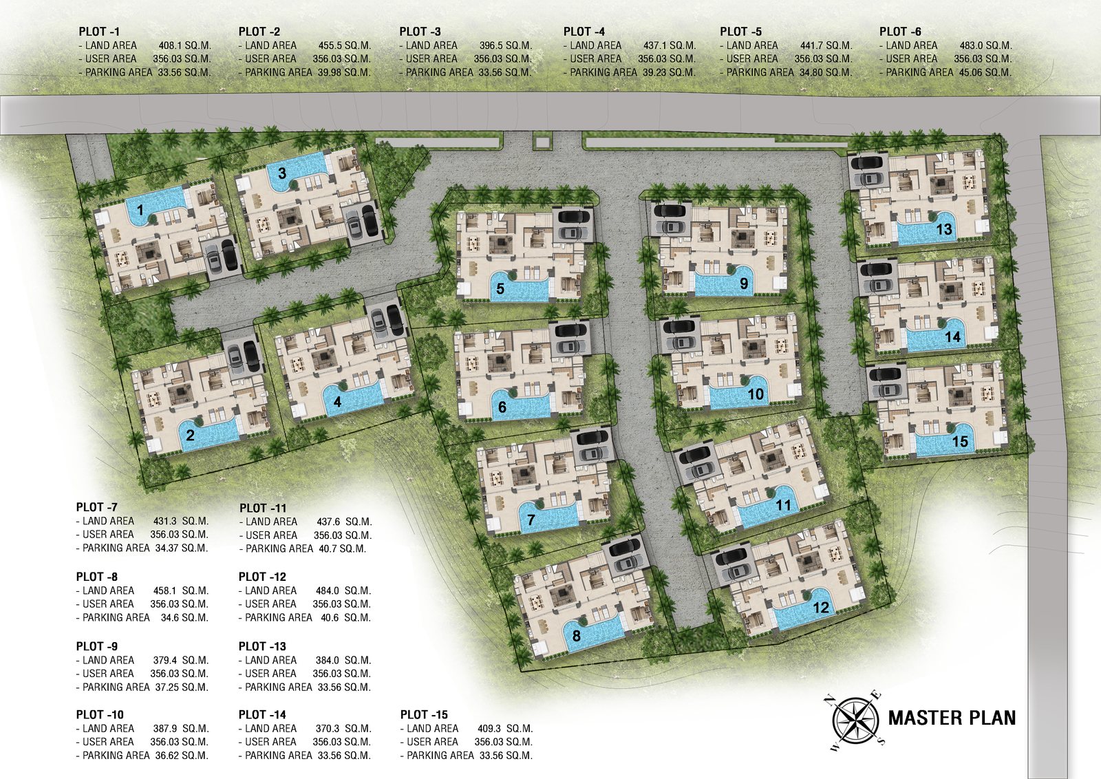 Master plan of the fifteen plots with land and parking areas