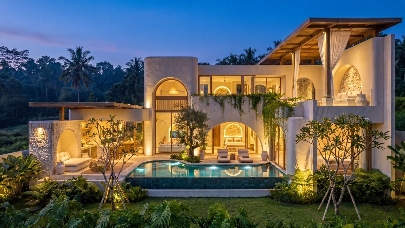 Driveway between two rows of villas at sunset