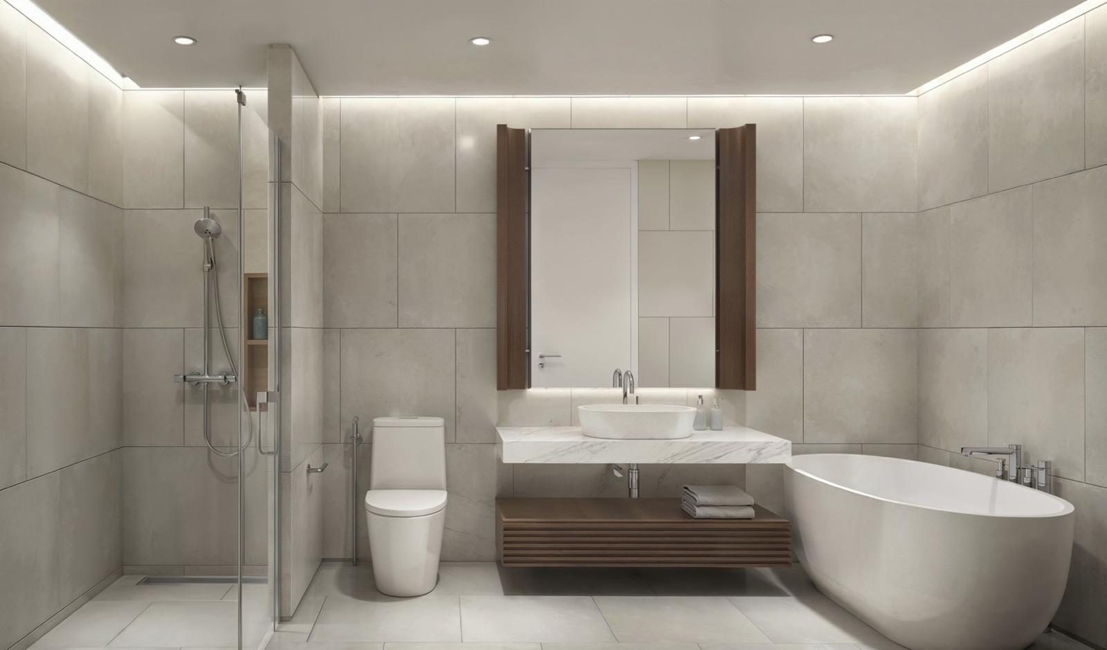 A bathroom with freestanding tub