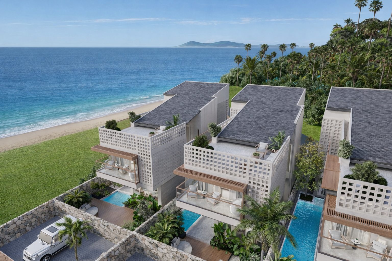 The beachfront villas seen from the sea side