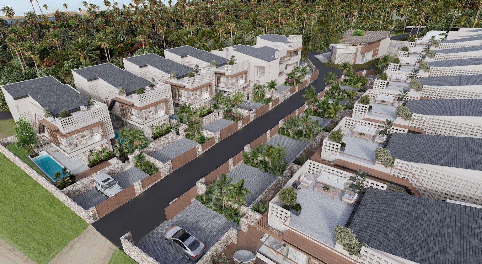 The two rows of villas from above