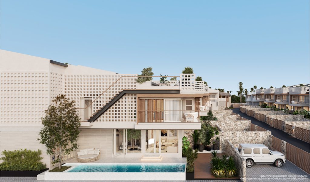 Type 1 villa, side view with the pool