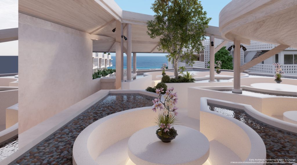 The sunken seating on the roof