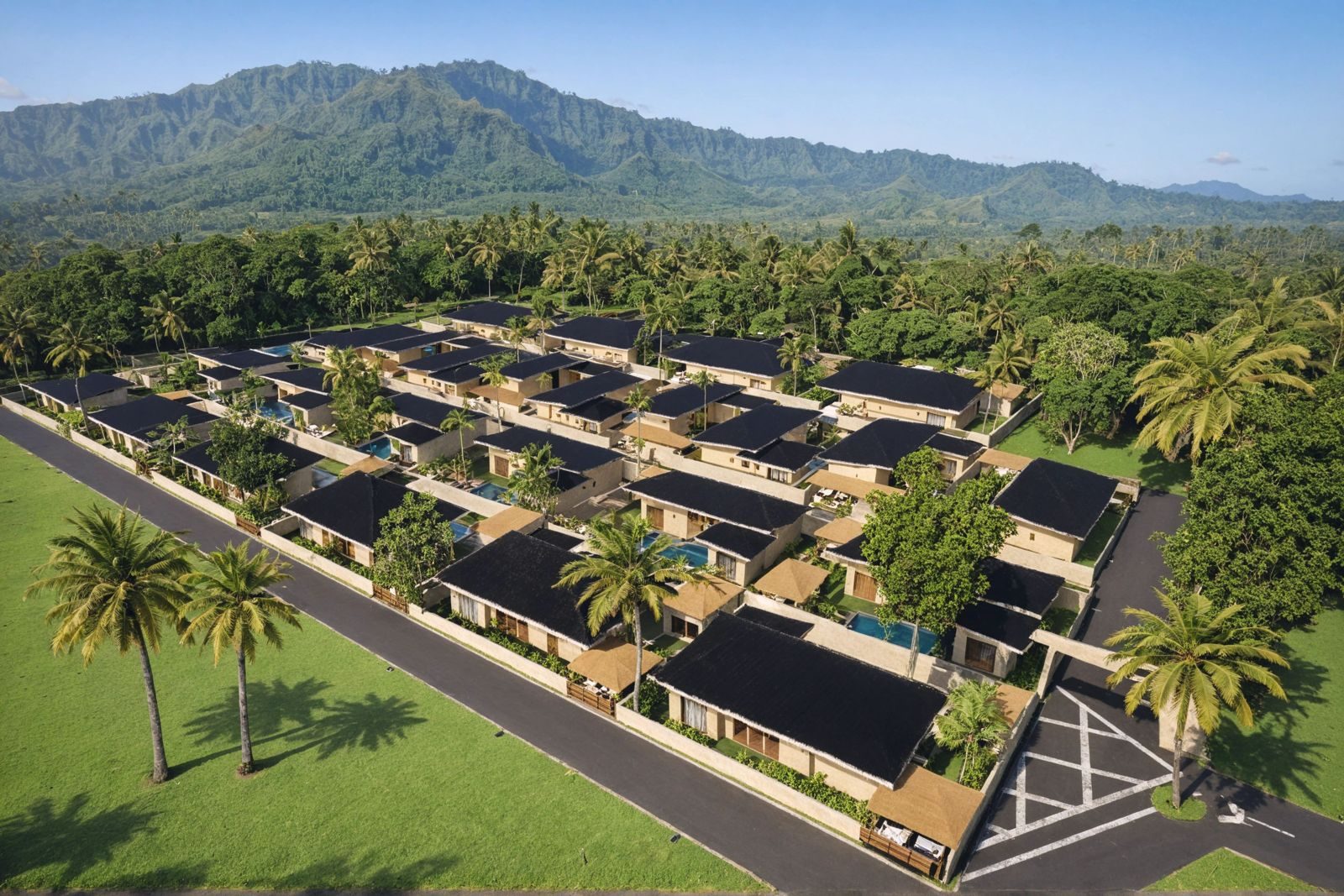 Aerial view of the villa complex among palms