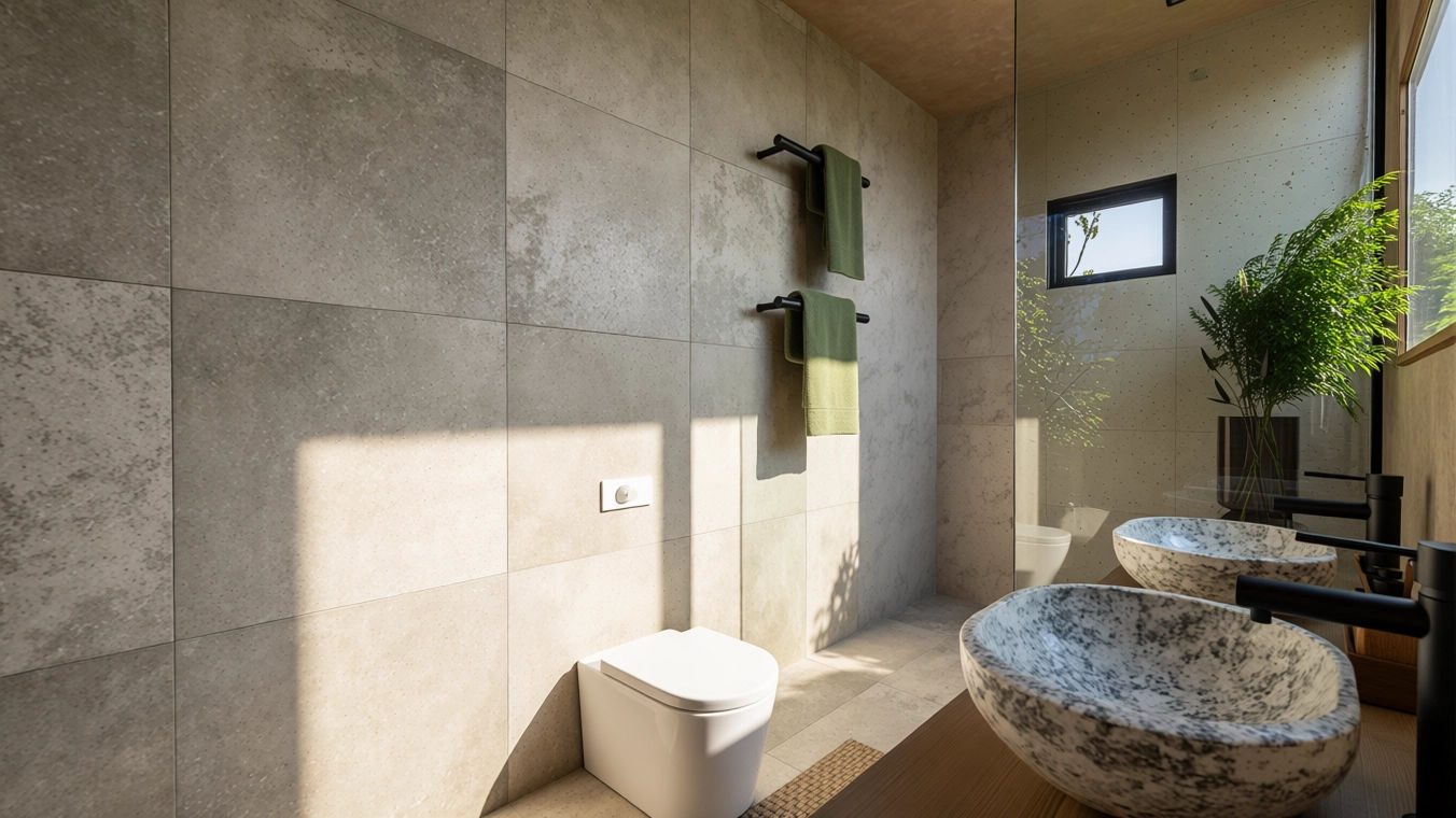 Bathroom with a sculptural stone freestanding bathtub