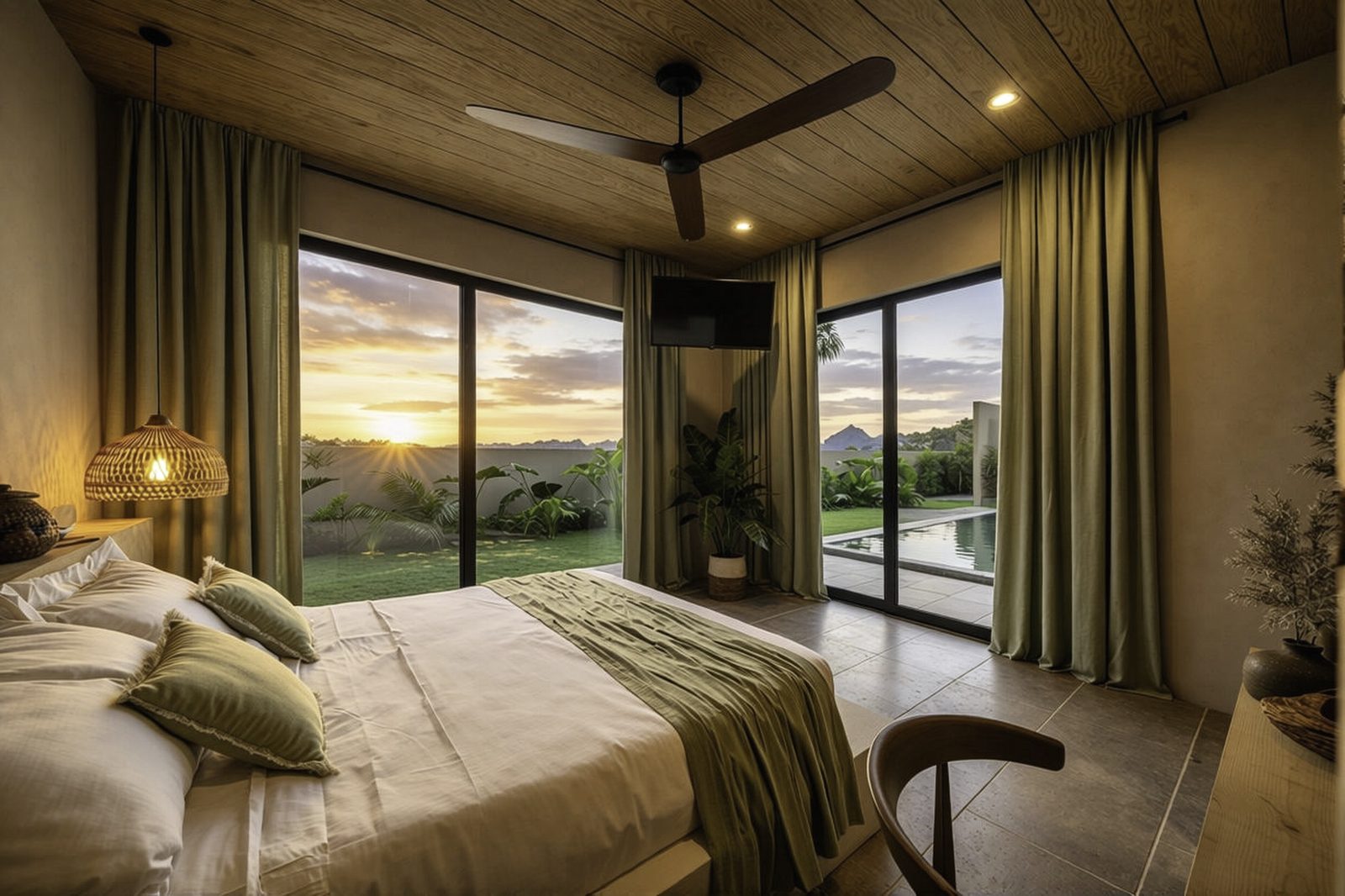 Master bedroom with sunset view through full-height glass