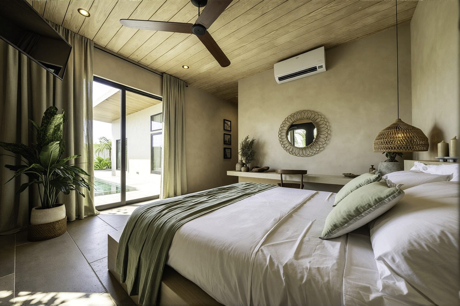 Bedroom with microcement walls and natural textiles