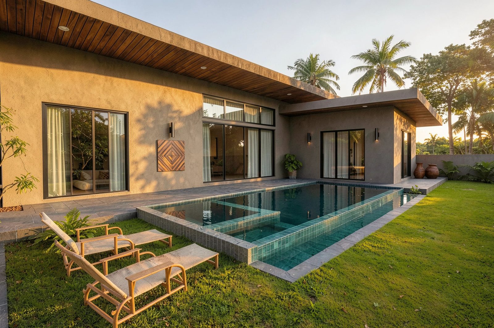 Contemporary pool villa with garden and private pool in daylight