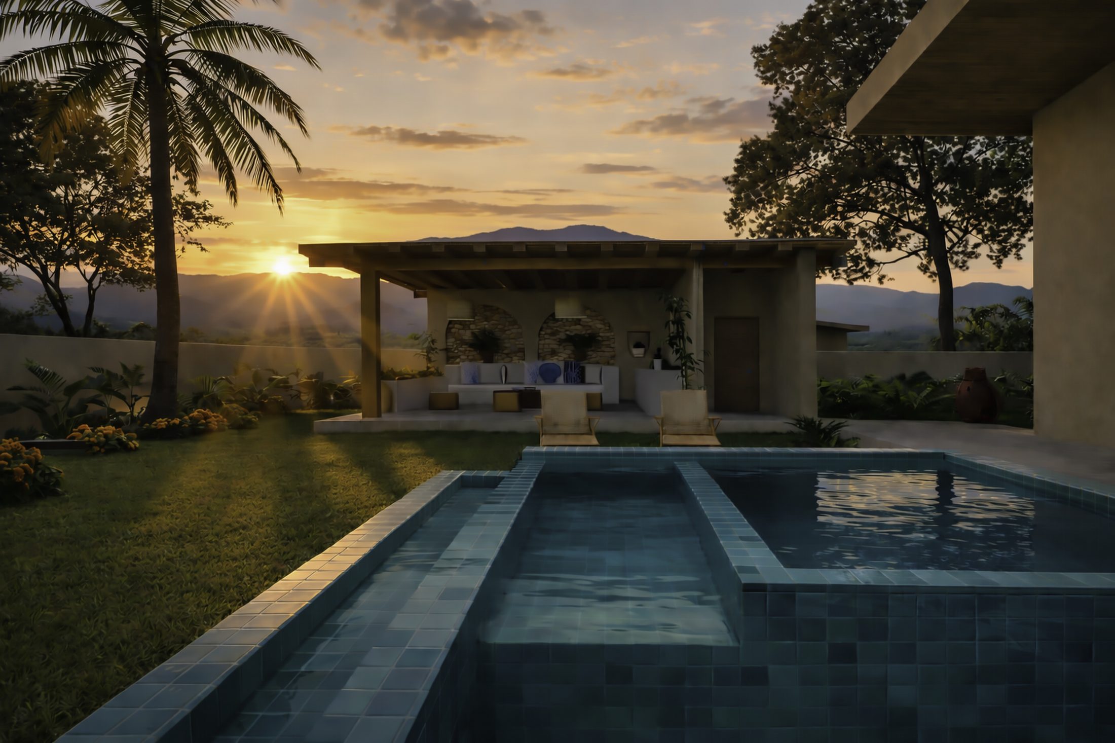 Pool villa at twilight with warm lighting