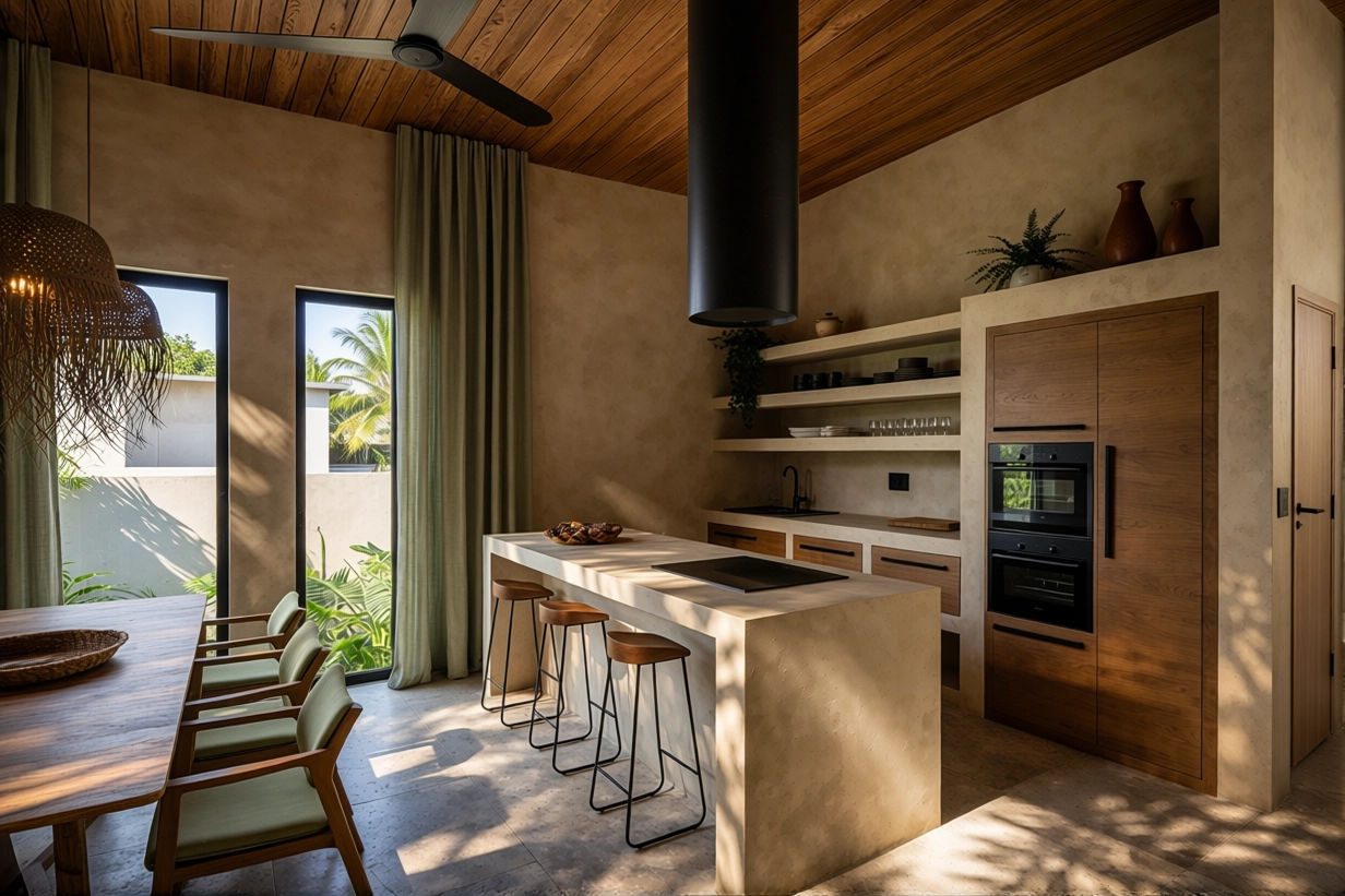 Open-plan kitchen and dining area with timber ceiling